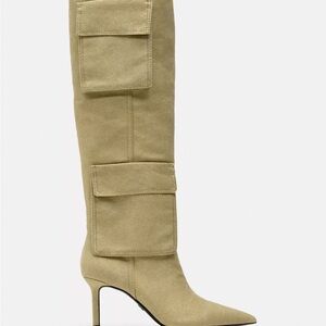 Zara Olive Suede Pointed-Toe Knee-High Boots with Flap Pockets